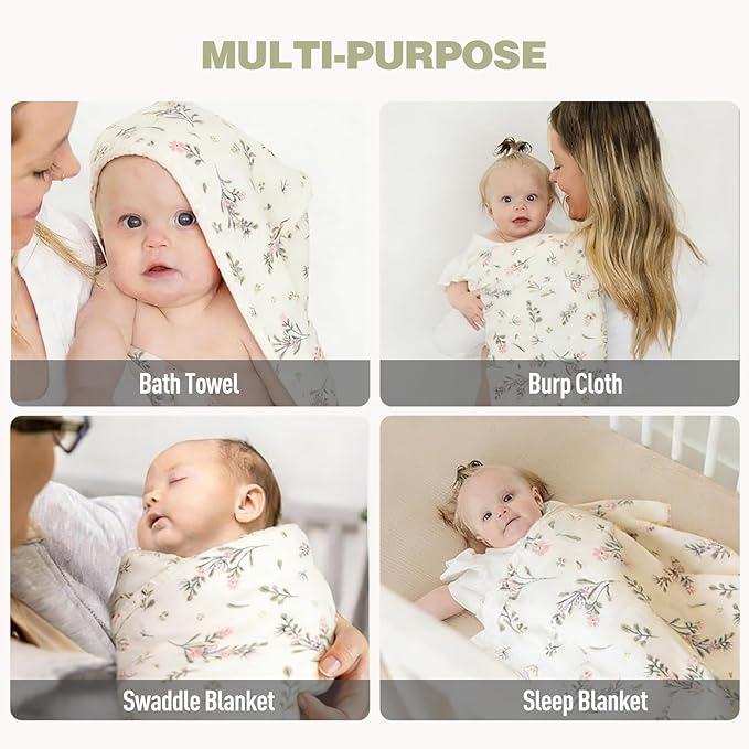 Cinaci 1pc Soft & Absorbent 100% Muslin Cotton Baby Hooded Bath Towel for Baby Girls Boys Newborns Infants Toddlers Kids (Floral Cream)