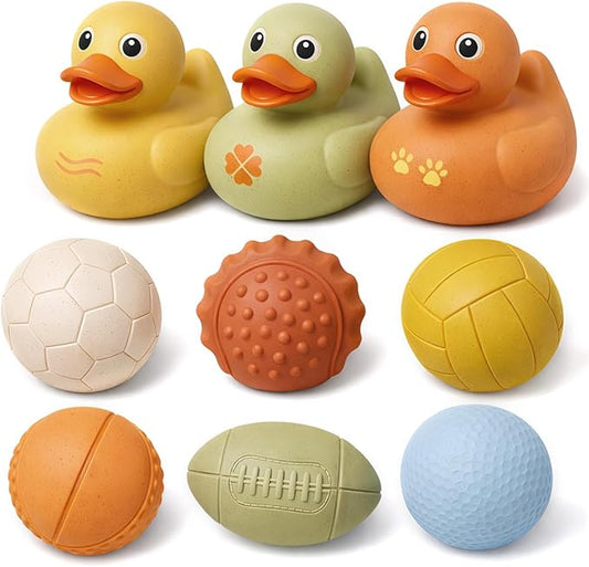 Baby Bath Toys 6-12 Months, 9 Pcs Wheat Straw Sensory Balls & Ducks, No Hole Floating Toddler Bath Toys, for Boys & Girls 1-3, Textured Squeeze Stress Relief Montessori Set