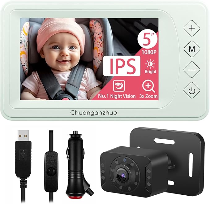 Baby Car Camera with Advanced Crystal-Clear Night Vision, 3X Zoom, USB Powered, 5'' AHD 1080P IPS Car Baby Monitor, Backseat Camera for Kids Infants Rear Facing Mirror, 5inch, Green