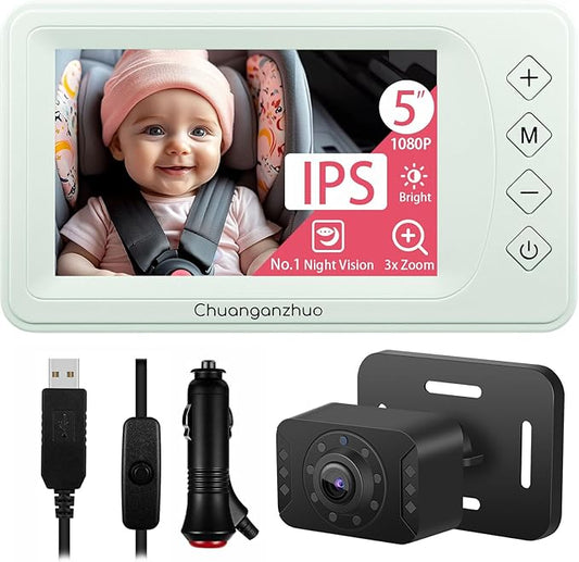 Baby Car Camera with Advanced Crystal-Clear Night Vision, 3X Zoom, USB Powered, 5'' AHD 1080P IPS Car Baby Monitor, Backseat Camera for Kids Infants Rear Facing Mirror, 5inch, Green