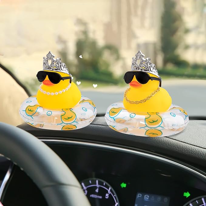 wonuu Car Duck Rubber Duck Car Ornaments Duck Car Dashboard Decorations with Cute Headband Swim Ring Necklace Sunglasses, C-Male Crown&Gold Chain