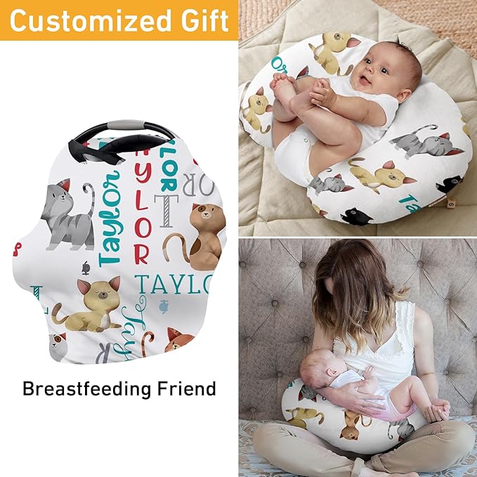 Personalised 7 in 1 Car Seat Cover for Girls and Boys - Multipurpose Breast Feeding White Cat Print Cover, Nursing Cover, Grocery Cart Cover - Birthday Gift for Babies(27"x29")