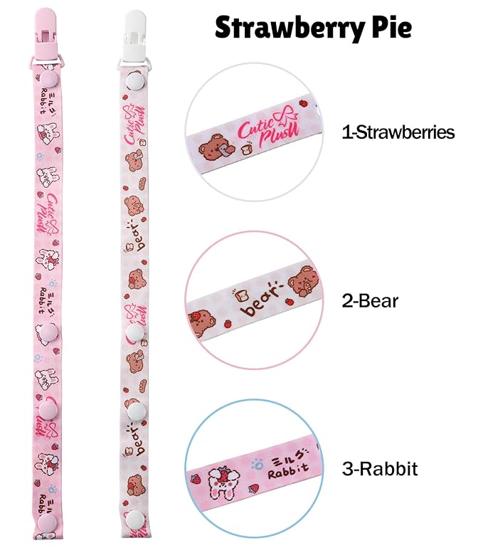 CutiePlusU Adult Pacifier Clip Adult Size Anyard Holder Clips 2 Pack-Strawberry Pie