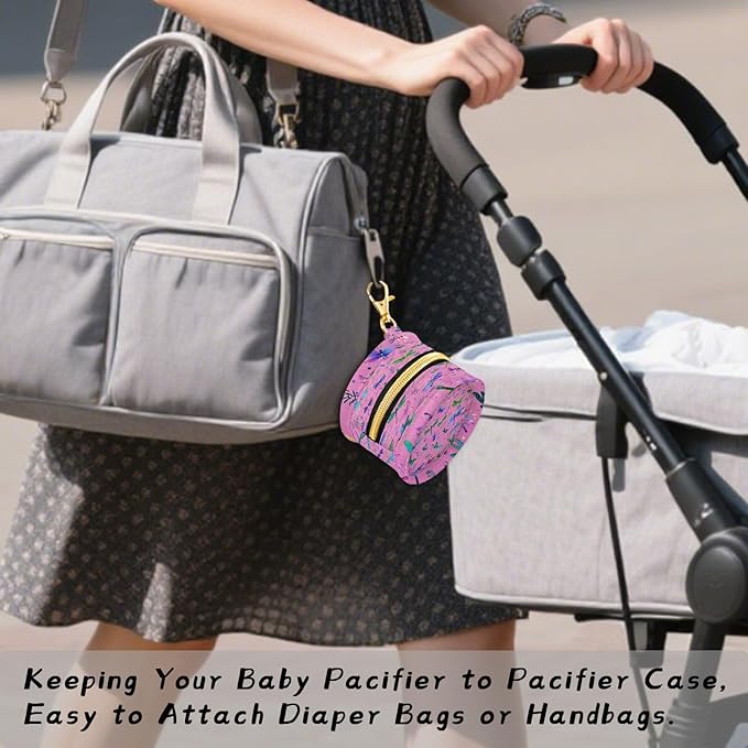 Pacifier Holder with Clip Pacifier Case for Diaper Bag Round Baby Pacifier Pouch Box Bag Portable Deep Pink Dragonflies and Leaves