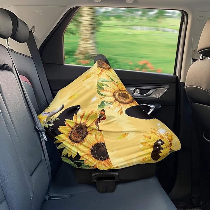 LedBack Highland Cow Baby Car Seat Cover Cow Car Seat Covers for Babies Sunflower Baby Stuff Nursing Cover Breastfeeding Cover,Soft Breathable Baby Carseat Canopy