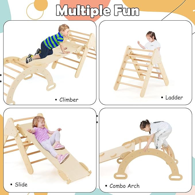 Olakids Pikler Triangle Set 7 in 1 Climbing Toys for Toddlers 1-3 Inside Foldable Wood Montessori Jungle Gym with Ramp Slide Arch Rocker Ladder Indoor Kids Activity Playground Baby Climber