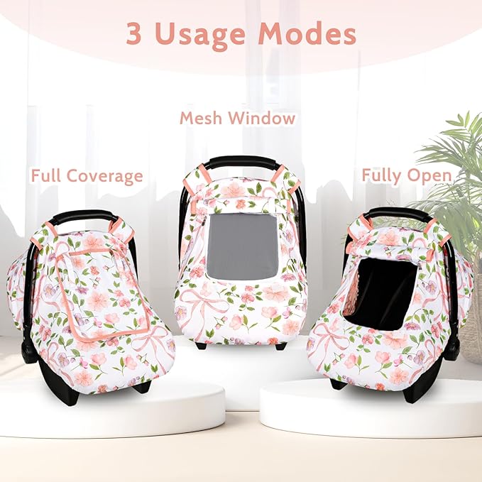 Windproof Baby Car Seat Cover, 3D Mink Dot Infant Car Seat Canopy with Breathable Mesh Window, Baby Carrier Cover for All Seasons, Easy Access Carseat Carrie Snug Fit Stroller, Pink Bow