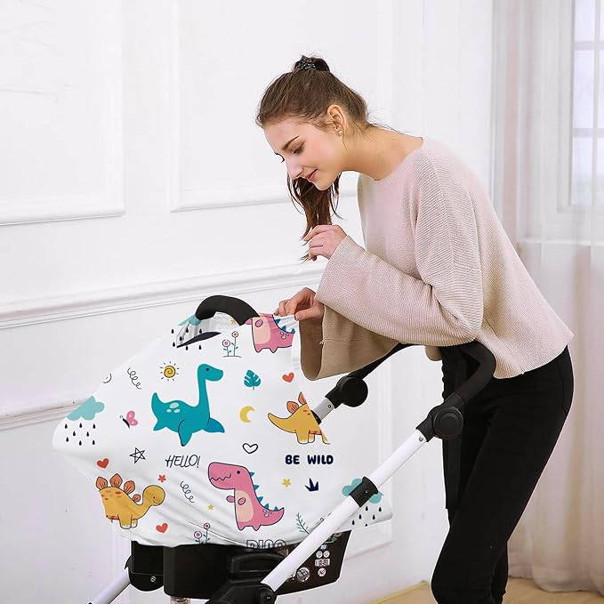 Custom Name Car Seat Canopy - Baby Car Seat Covers, Pink Dinosaur Print Infant Stroller Cover, Carseat Canopy Christmas Birthday Gifts for Girls and Boys(27"x29")