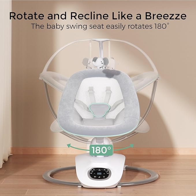 Momcozy CocoSway Electric Baby Swing for Infant, 180° Rotating Seat, 6 Parent-Like Sway Motions & 4 Speeds, Quiet Soothing, Remote Control, Machine-Washable Cover, Grey