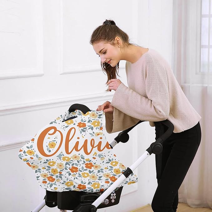Personalised Car Seat Cover for Babies - Multi-use Carseat Canopy Cover with Name, Car Seat Covers, Christmas Birthday Gifts for Infant Boys and Girls Orange Flower Pattern