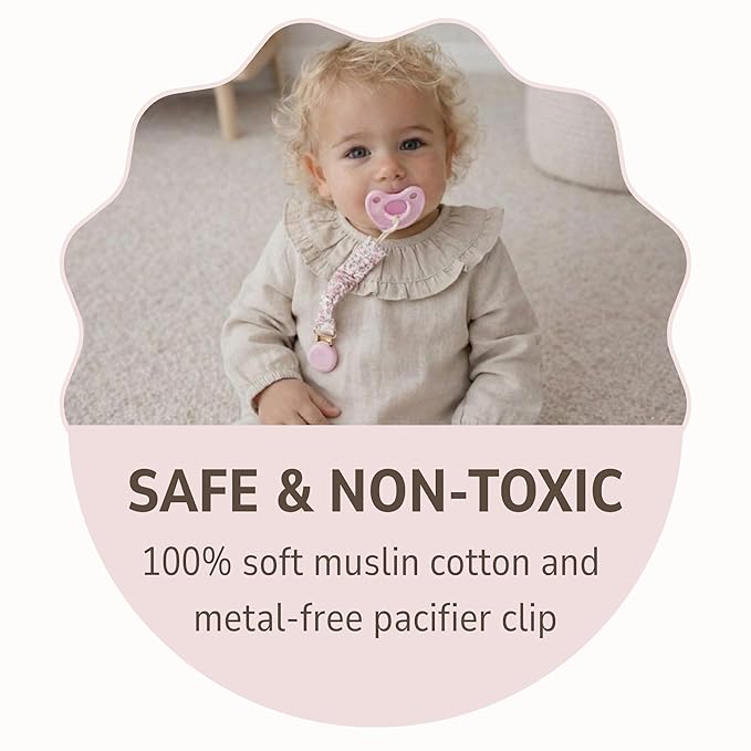 Muslin Cotton - Metal-Free Pacifier Clips, Lightweight and Secure Pacifier Holder for Babies (Ballerina Fleur) - Mila & Lulu