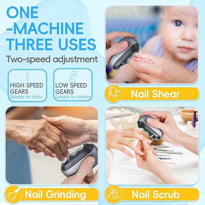 Electric Nail Clipper, 3 in 1 Electric Nail Trimmer and Polisher with LED Light & Clip Storage, USB Rechargeable, 2 Speed Electric Nail File for Baby, Kids, Caregivers, Seniors