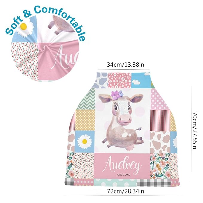 Personalized Baby Car Seat Cover for Babies, Custom Name Baby Car Seats Canopy for Girls, Nursing Breastfeeding Stroller Covers for Infant Newborn, Shower Gift for Baby (Floral Cow Pink)
