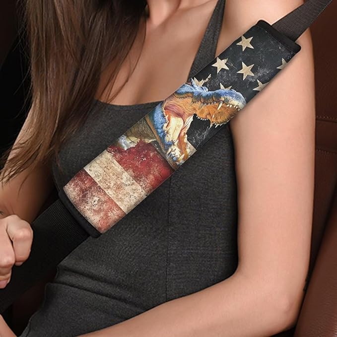 Car Seat Belt Cover Pad,2-Pack Soft Car Safety Seat Belt Strap Shoulder Pad for Adults and Children,2 Piece Crocodile USA Flag
