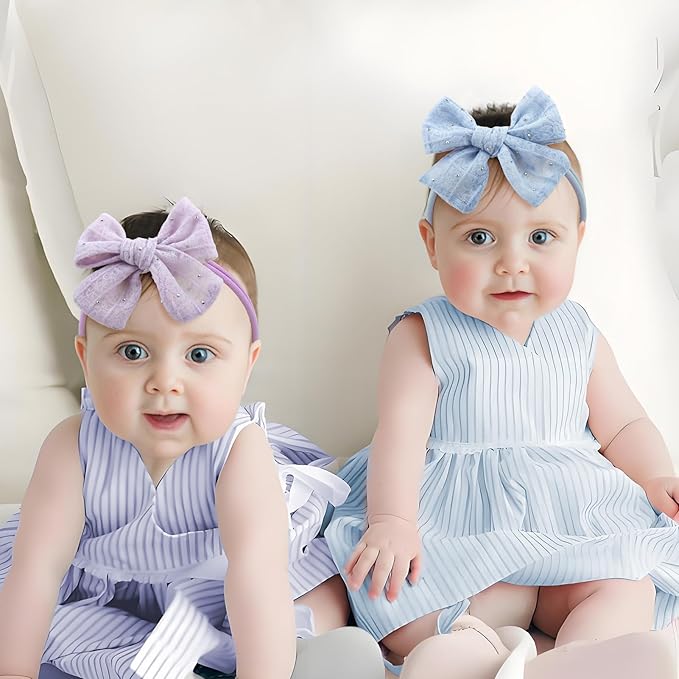 YanJie 3PCS 4’’ Lace Hair Bow for Girls Soft Nylon Baby Headbands Rhinestone Blue Purple Brown Bows Hair Accessories for Newborn Infant Toddler Girl