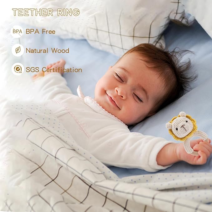Wooden Baby Rattle Crochet Lion Baby Toys Handmade Newborn Toy Early Development Grips Stuffed Animal Organic Rattle