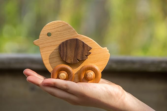 Wooden Chicken Toy Car – Easter Basket Gift for Toddlers & Kids, Handmade Wooden Push Toy, Natural Wood Farm Animal Toy