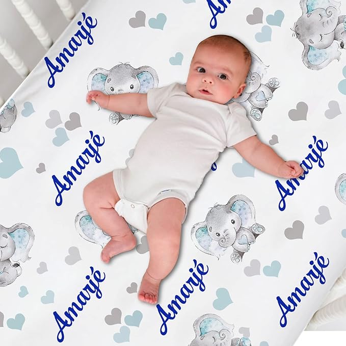 Personalized Pack 'n Play Sheets - Custom Baby Mini Crib Sheets for Boys, Soft & Breathable Elephant Blue Fitted Sheet