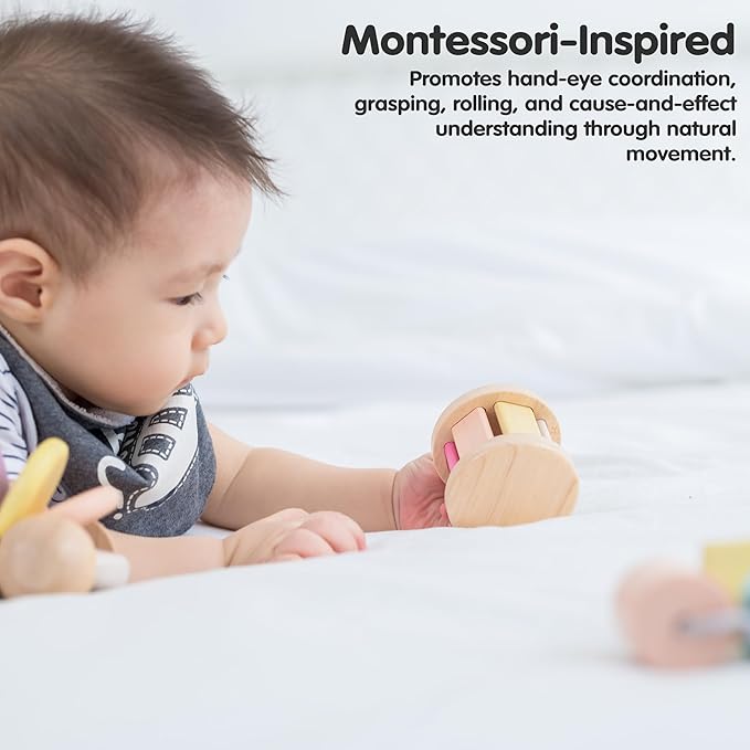 PlanToys® Pastel Wooden Roller Toy for Babies | Montessori Sensory Toy with Gentle Rattle Sound | Eco-Friendly Crawling & Motor Skill Toy for Infants 6+ Months