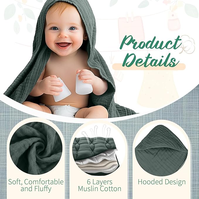 VitalCozy 8 Pcs Baby Muslin Hooded Bath Towels and Washcloths Muslin Cotton Hooded Baby Towels Absorbent Blankets for Gift Newborn Infant Shower (32 x 32 Inch,Mist Colors)