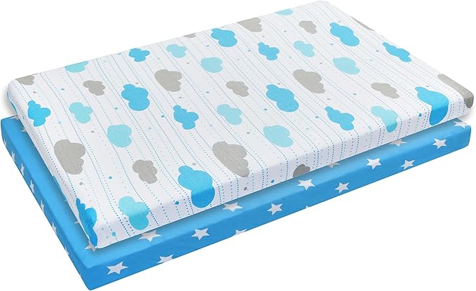 EVERYDAY KIDS 2 Pack n Play Mattress Sheets – 100% Jersey Knit Cotton Soft Portable Crib for Boys with Blue Gray Celestial Star and Cloud Designs; Pk Playpen or Mini Fitted Sheet Set Stars/Clouds