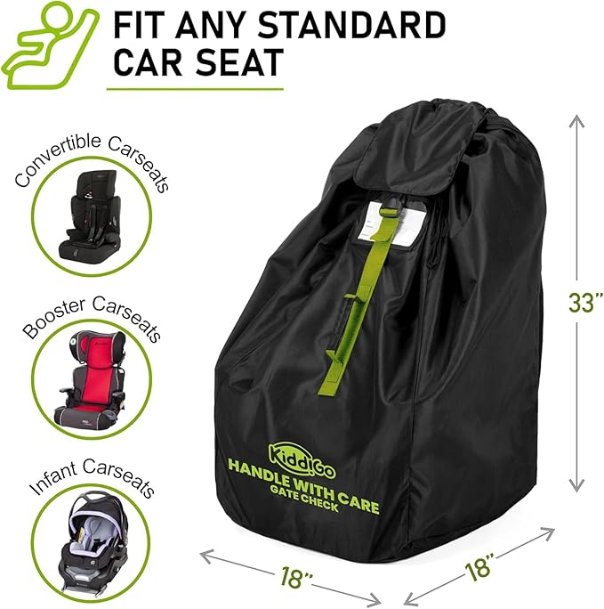 KiddiGo Car Seat Travel Bag For Airplane, Black & Green, 33” H x 18” W x 18” D, Fits Most Standard Convertible, Booster & Infant Car Seats, Gate Check Universal Size Car Seat Cover, Easy Carry Design