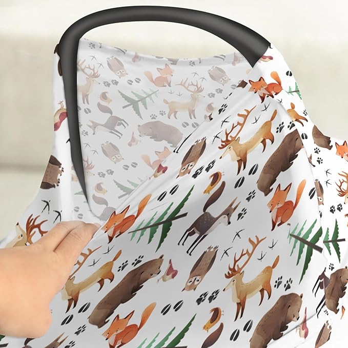 Cute Animals Baby Car Seat Covers Animal Tracks Bear Raccoon Moose Wolf Owl Fox Stretchy 5-in-1 Cover Adjustable Infant Carseat Canopy Cover Cartoon Forest Animal Breathable Nursing Cover-Up