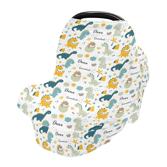 Customized Dinosaur Baby Car Seat Covers for Boys, Personalized Baby Carseat Cover with Name, Breathable Nursing Cover Breastfeeding Scarf, Multi-Use Stroller Canopy for Newborn Infants
