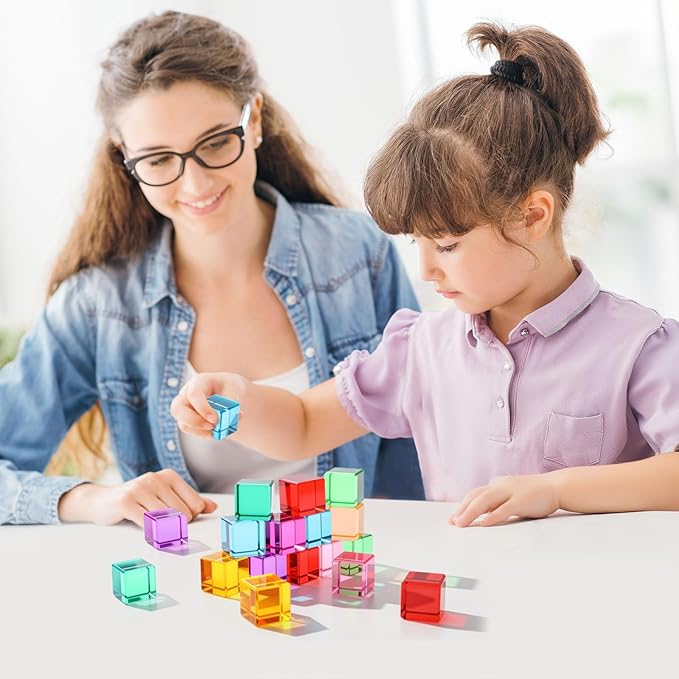 Meooeck 20 Pcs Acrylic Gem Cubes Blocks for Kids Translucent Rainbow Building Blocks Crystal Light Shadow Stacking Toys for School Education Training Learning(2.5 x 2.5 x 2.5 cm)