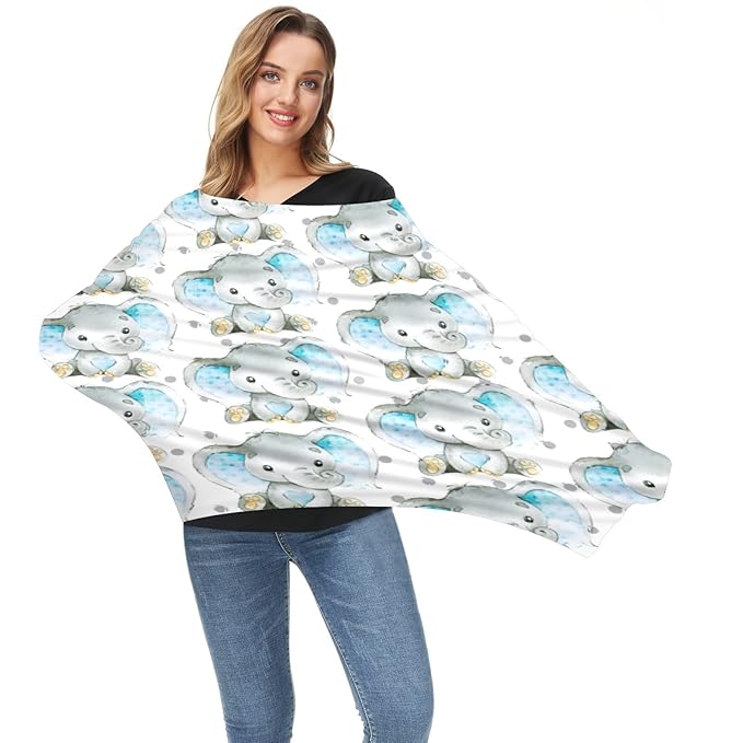 FCZ Baby Car Seat & Stroller Covers - Elephant Jungle Nursing Cover - Breathable Cotton - White/Blue - Not Water Resistant