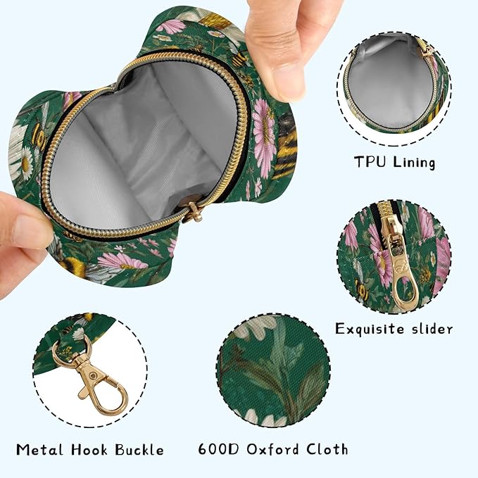 Pacifier Holder with Clip Pacifier Case for Diaper Bag Round Baby Pacifier Pouch Box Bag Portable Dark Green Bees and Flowers