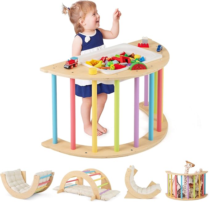 Costzon Wooden Arch Sensory Table for Kids, 6-in-1 Toddler Indoor Montessori Climbing Toys with Cushion, Foldable Storage Bin, Arch Climber Ladder Learning Playset for Kids Gift Presents
