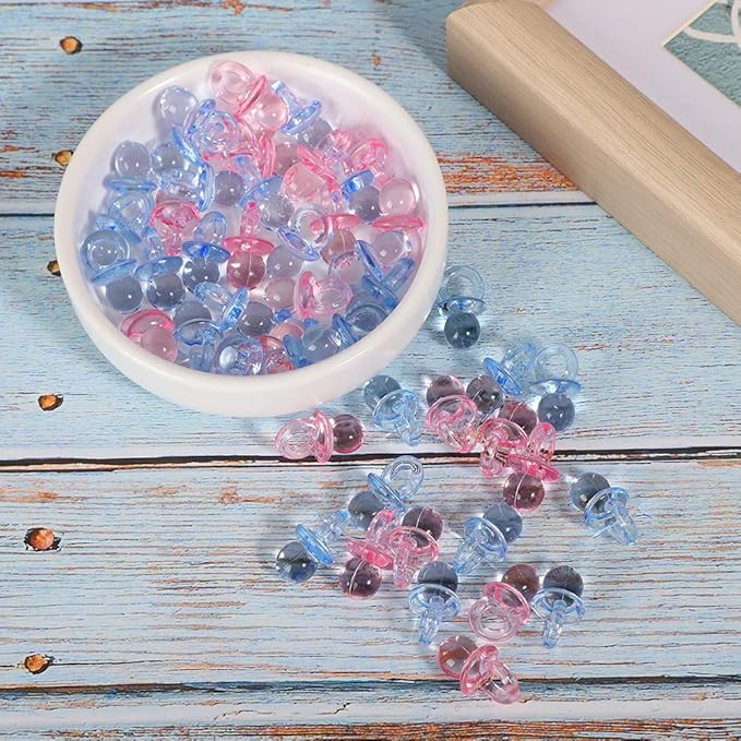 150 Mini Acrylic Pacifiers for Baby Shower Game Assorted Bulk Clothing Accessories and Surrounding Areas Decorate Pacifier Plastic Multi Colored Craft Tiny (Transparent + Blue)