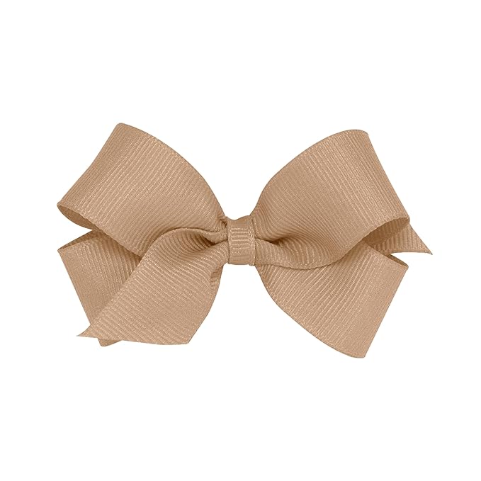 Wee Ones Girls' Classic Grosgrain Hair Bows with Plain Wrap Center, No-Slip Hair Clip, Handmade, Oatmeal, Mini