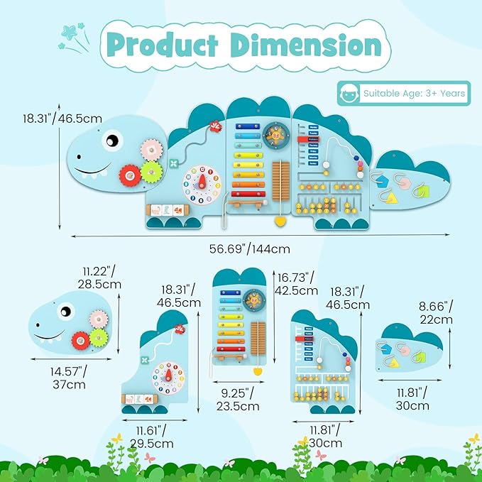 Olakids Dinosaur Sensory Wall, 11 in 1 Wooden Montessori Busy Board Panel, Toddler Wall Mounted Activity Center, Educational Toys Learning Gift for Boys Girls (Blue Dinosaur)