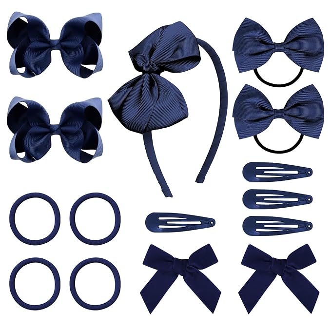 DEEKA Navy Blue Hair Accessories Set - 15 Pieces Uniform Hair Bows, Hair Clips, Headband, Hair Ties for Little Girls - Navy Blue