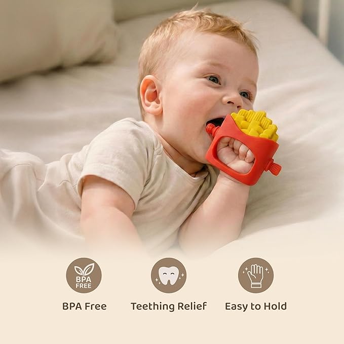 French Fries Baby Teething Toys - Teething Mitten, Baby Chew Toy, Teethers for Babies 3-6 Months and 6-12 Months, Newborn Essentials Must Haves, Parent-Designed by Honey Bun Toys