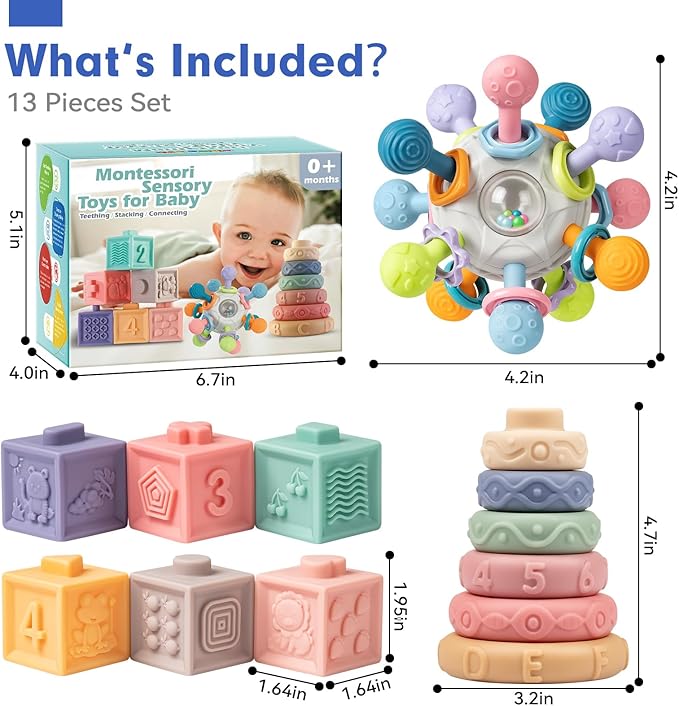 Baby Sensory Teething Toys Set, Montessori Baby Toys 6-12 Months, Incl Newborn Rattle Teether & Baby Blocks & Soft Stacking Rings, Ideal Babies Boy Girl Gifts, Infant Toys 0-3-6-9-12-18 Month