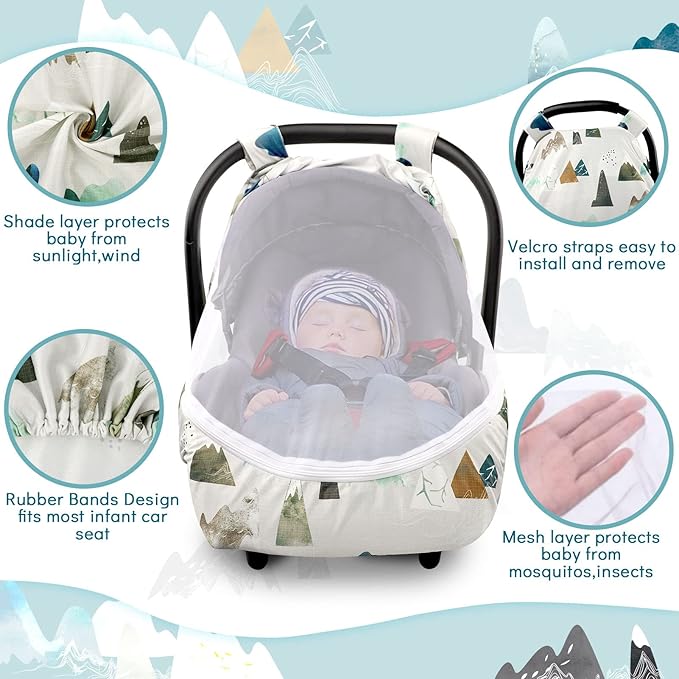 Baby Car Seat Cover, Adventure Mountains Carseat Canopy for Babies, Infant Carseat Cover, Summer Cozy Net Cover, Universal Fit, Breathable