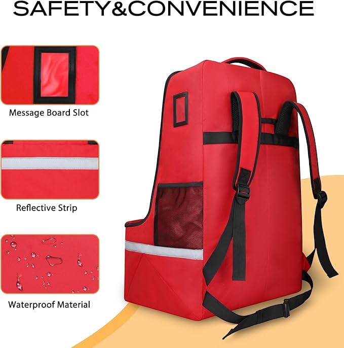 LARIPOP Car Seat Travel Bag for Airplane, Universal Gate Check Car Seat Bag, Padded Backpack with Waist Belt, Reflective Strips & Protective Feet, Fits Infant Convertible Booster Seats, Red