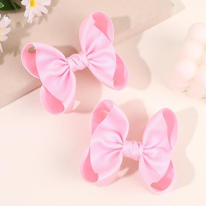 OAOLEER 2PCS 3.5inch Hair Bows for Girls，Pink Stain Ribbon Hair Bows Alligator Clips Hair Accessories for Back To School Teen Toddler Girls Kids (Pink)