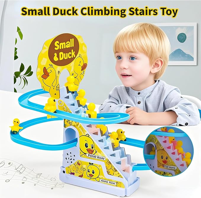 Small Ducks Climbing Toys, Electric Llittle Duck Climbing Stairs Toy,Roller Coaster Toy Set with LED Flashing Lights & Music,Duck Track Slide Toy Gift for Toddlers Kids Age 3