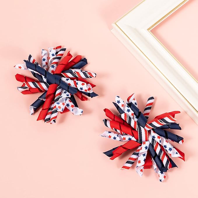 4th of July Korker Hair Bow Clips Girls Patriotic Curly Corker Cheer Pompom Loopy Bow Alligator Barrettes Red White Blue Stars Stripes Ribbon Accessories Kids Xmas Gift