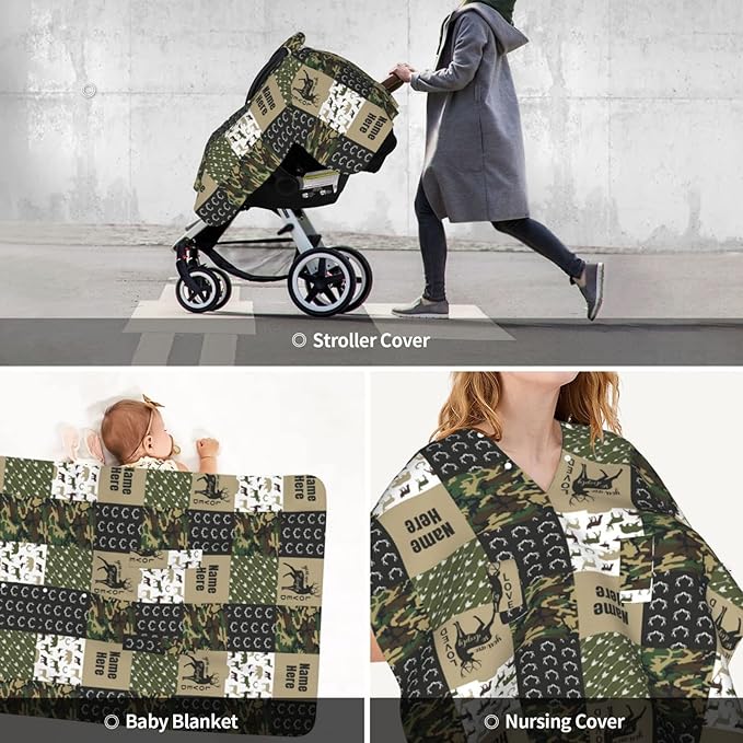 Personalized Woodland Moose and Bear Baby Car Seat Canopy for Babies with Name, Customized Stroller Car Seat Covers for Girls Boys, Minky Nursing Carseat Cover for Breastfeeding, Newborn, Infant