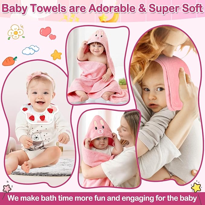 Sublaga 5 Pcs Baby Towels Set, 32x32 in Hooded Bath Towel, 3 Pcs Baby Washcloths and Muslin Baby Bibs for Newborns, Toddlers, and Kids, Baby Towels and Washcloths Set for Boys and Girls (Pink Rabbit)