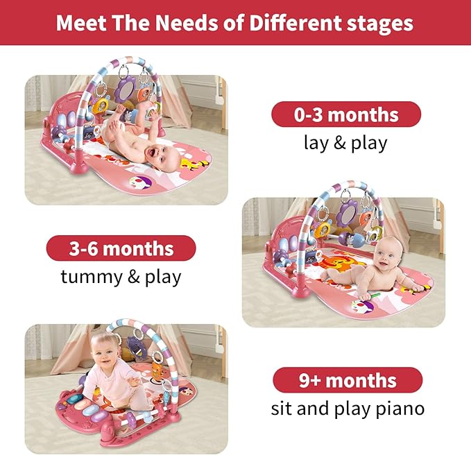 Baby Gym Play Mat, Piano Kick and Play Lights and Music Tummy Time Toys Infant Musical Activity Gym Mat for Visual, Hearing, Sensory, Gift Suitable for Newborns Aged 0 to 3 6 9 12 Months (Pink)