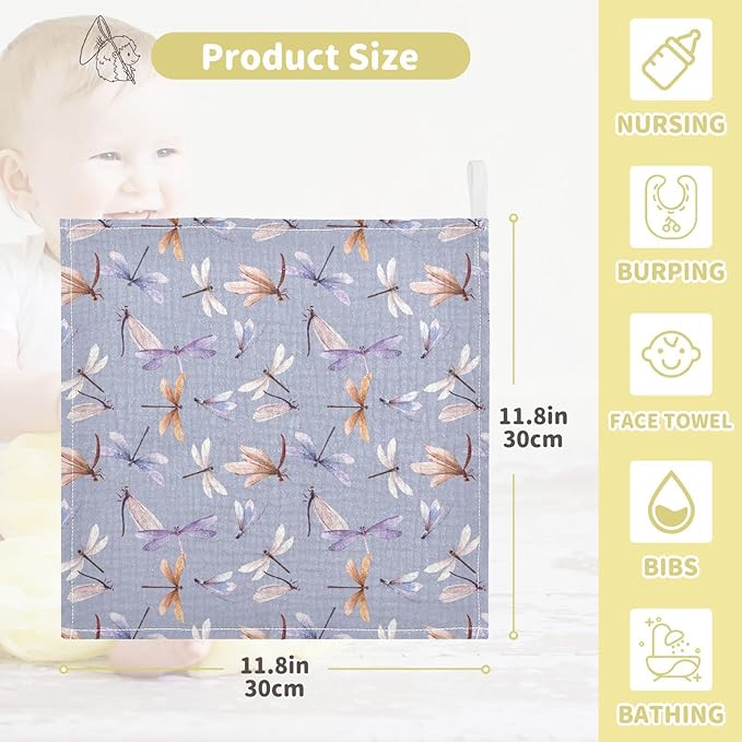 Baby Washcloths Cotton Dragonfly Baby Muslin Washcloths Soft Baby Face Towel for Newborn Infants Baby Wipes, 11.8 X 11.8 Inch, 3 Pack Lilac