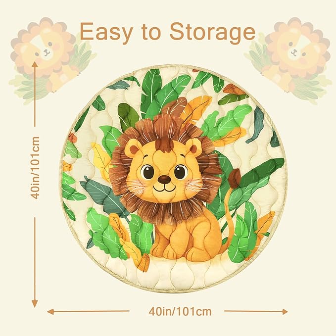 Baby Round Play Mat, Premium Thicker Foam Baby Mat for Floor, Tummy Time Foldable Baby Foam Play mat for Babies, 40 * 40 Round Anti-Slip Activity Mats for Infant and Toddler, Lion
