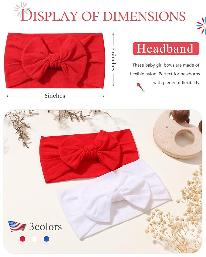 jollybows 3PCS Baby Nylon Headbands Hairbands Hair Bow Elastics for Baby Girls Newborn Infant Toddlers Kids (11-Red+White+Blue, 1 Count (Pack of 3))