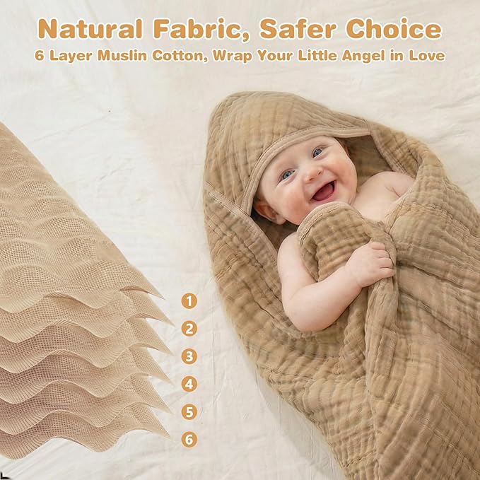 Hooded Baby Bath Towels for Newborn, 2 Pack - 6-Layer 100% Muslin Cotton, Soft Absorbent Baby Towels with Hood for Babies, Infants & Toddlers, Large 32x32 Inch Unisex Newborn Baby Bath Essentials